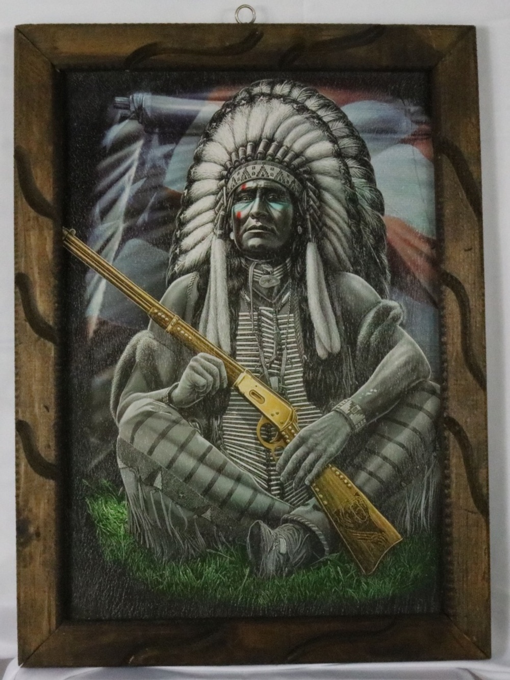 Native American Chief Acrylic Painting Framed Rifle Canvas Mexico Art